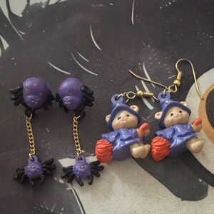 Cute Purple Bear and Spider Earrings - Halloween Themed